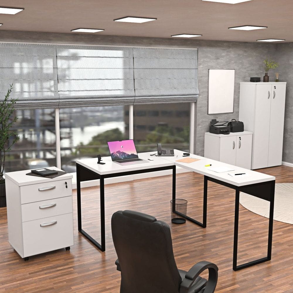 Conjunto 4 Peças para Escritório com Escrivaninha em L, Armário Alto e Baixo e Gaveteiro Industrial