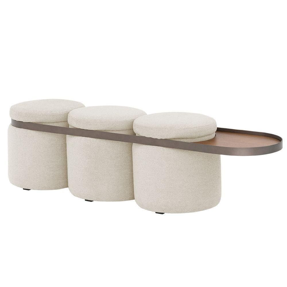Puff Lynce 3 Lugares Com Mesa Auxiliar Aro Titânio Poliéster Bege Claro - Nexta Casa