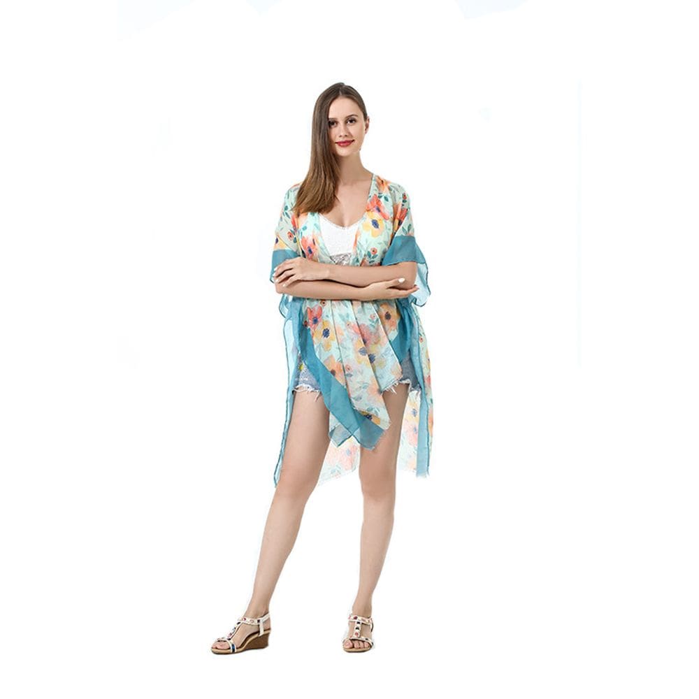 Cardigã de quimono com capa de praia com estampa floral para mulheres