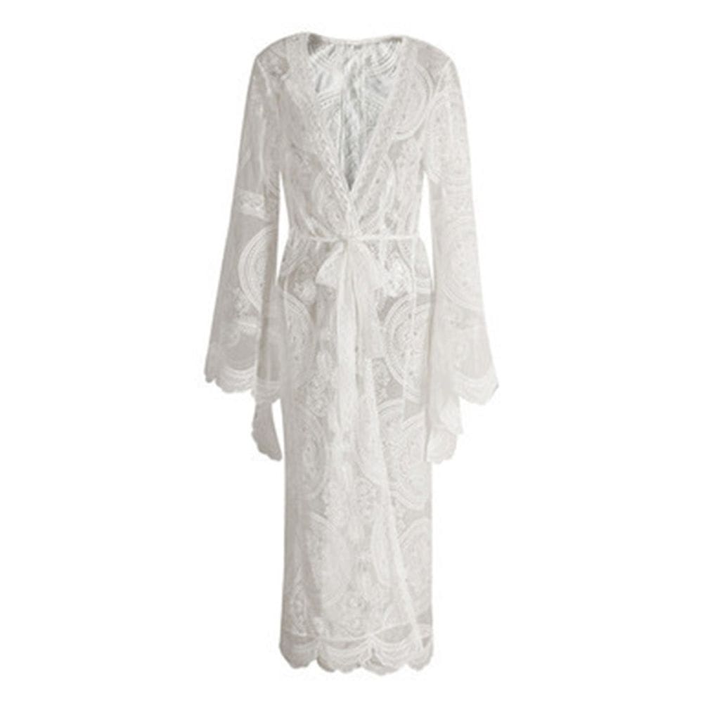 Cardigã Beach Cover Up, renda, manga larga, proteção solar