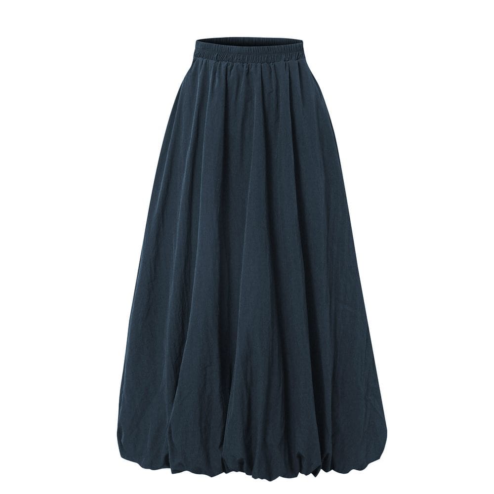 Saia feminina, balão, modelagem folgada, elástico de cintura alta, azul marinho