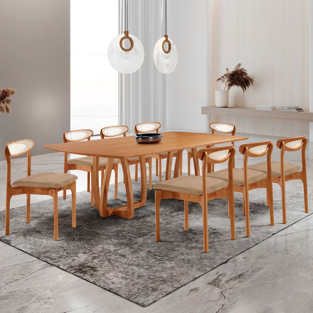 Conjunto de Mesa de Jantar Ello Tampo 240cm Barril Laminado e 8 Cadeiras Mônaco Premium Linho Palha / Imbuia Natural / Cinamomo Imbuia