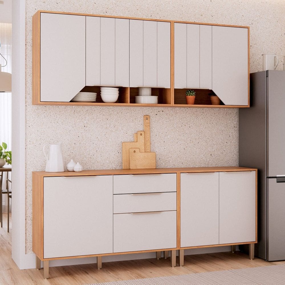 Cozinha Modulada 4 Peças com 2 Balcões e 2 Armários Aéreo Celeste Cinamomo/Offwhite