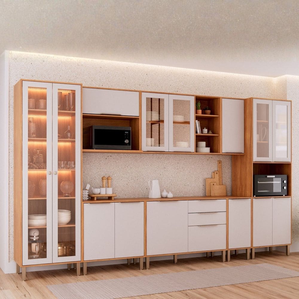 Cozinha Modulada 8 Peças Brilhante com 1 Cristaleira 3 Balcões 3 Armários Aéreo e 1 Torre Cinamomo