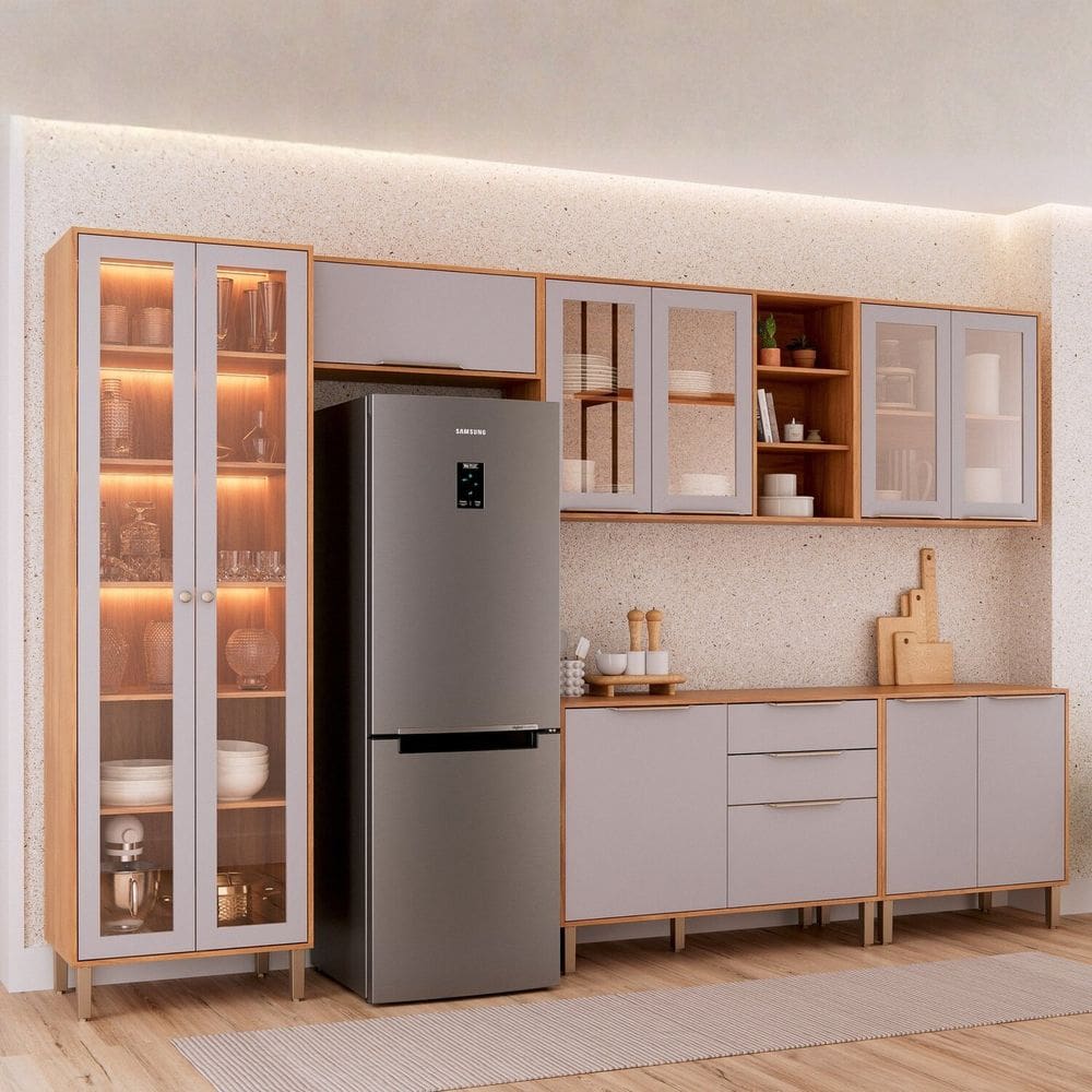 Cozinha Modulada 6 Peças Brilhante com 1 Cristaleira 2 Balcões 3 Armários Aéreo Cinamomo/Platina
