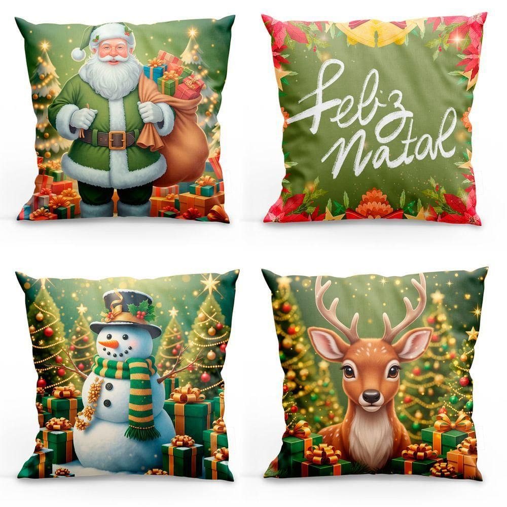 Kit Com 4 Capas De Almofadas Estampadas Natalinas 45cm X 45cm - Decorativas Festas Ceia Fim De Ano Cor Feliz Natal Verde
