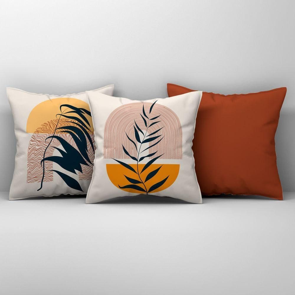 Kit Trio Capas De Almofadas Estampadas Folhas Em Veludo Suede 45cm X 45cm - Decoração Luxo Para Sala Cor Laranja