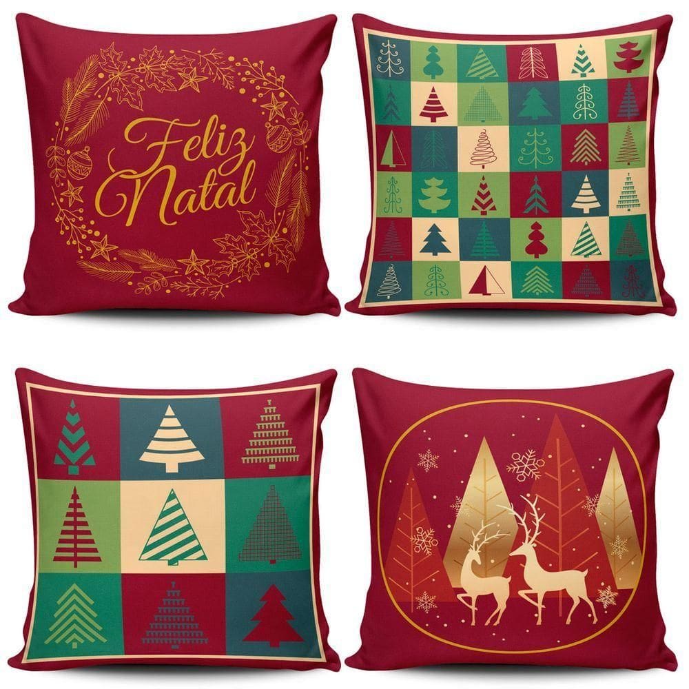Kit Com 4 Almofadas Cheias Estampadas Natalinas Feliz Natal Fim De Ano 45cm X 45cm Com Enchimento Refil