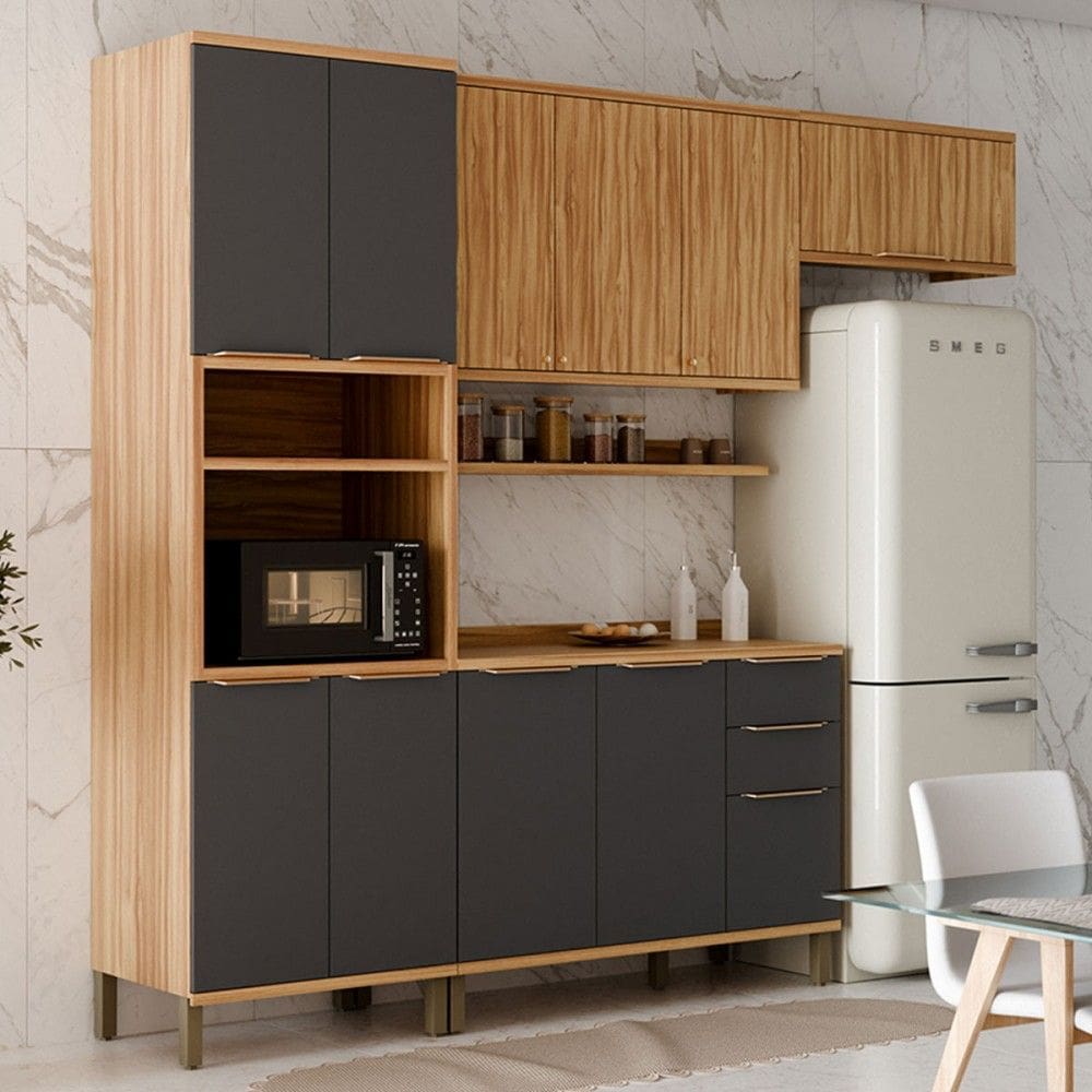 Armário de Cozinha com Balcão e Tampo 10 Portas 3 Gavetas Nice 100% Mdf Amêndoa/Cinza - Pnr Móveis