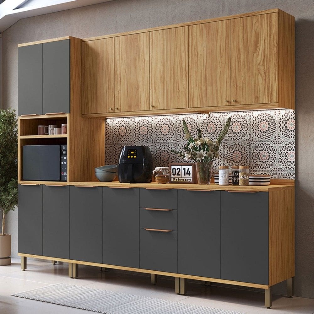 Armário de Cozinha com Balcão e Tampo 13 Portas 3 Gavetas Nice 100% Mdf Amêndoa/Cinza - Pnr Móveis