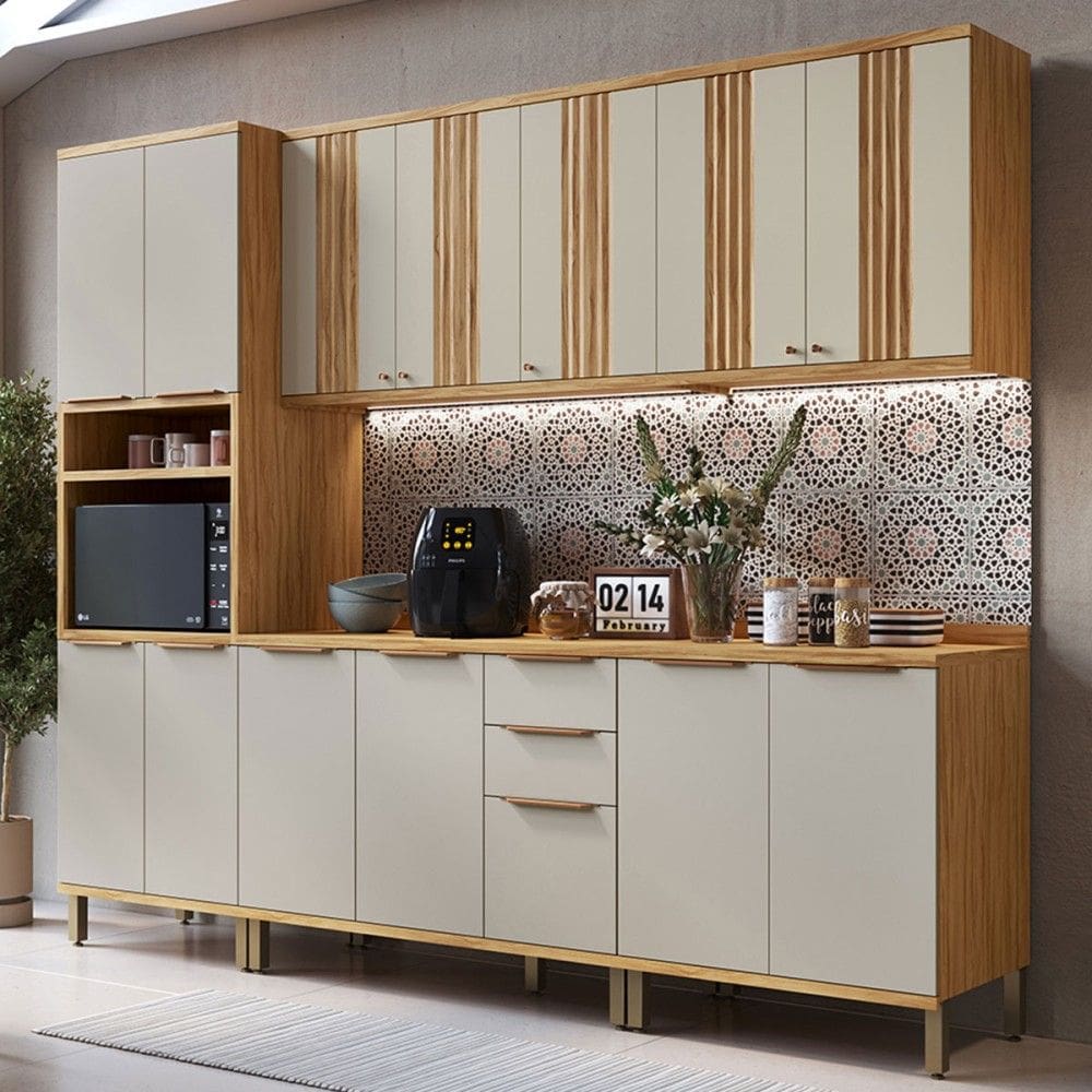 Armário de Cozinha com Balcão e Tampo 13 Portas 3 Gavetas Nice Canelado 100% Mdf Amêndoa/Off White - Pnr Móveis