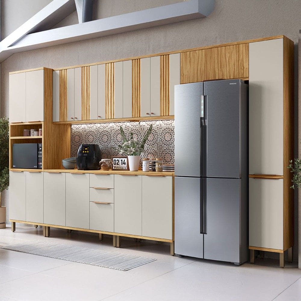 Armário de Cozinha com Balcão e Tampo 16 Portas 3 Gavetas Nice Canelado 100% Mdf Amêndoa/Off White - Pnr Móveis