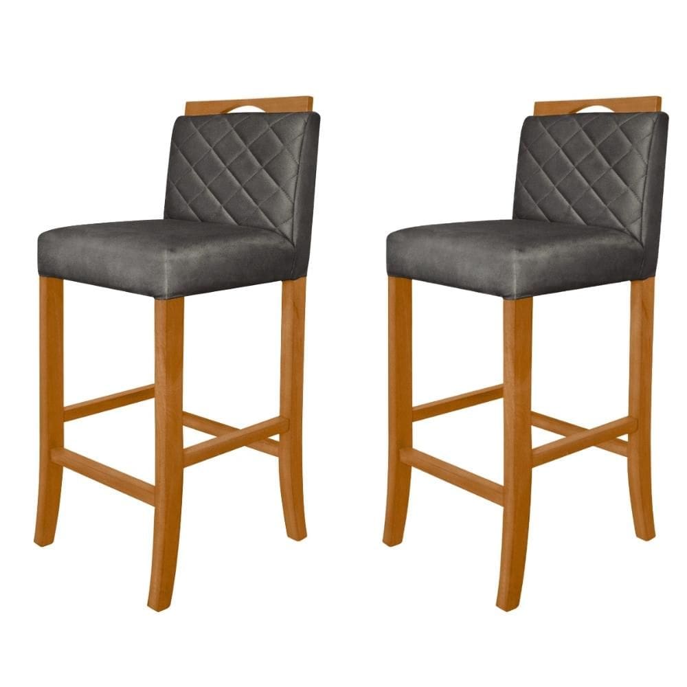 Kit 2 Banquetas Altas para Cozinha Madeira Maciça Estofadas com Encosto Multimóveis CR15019