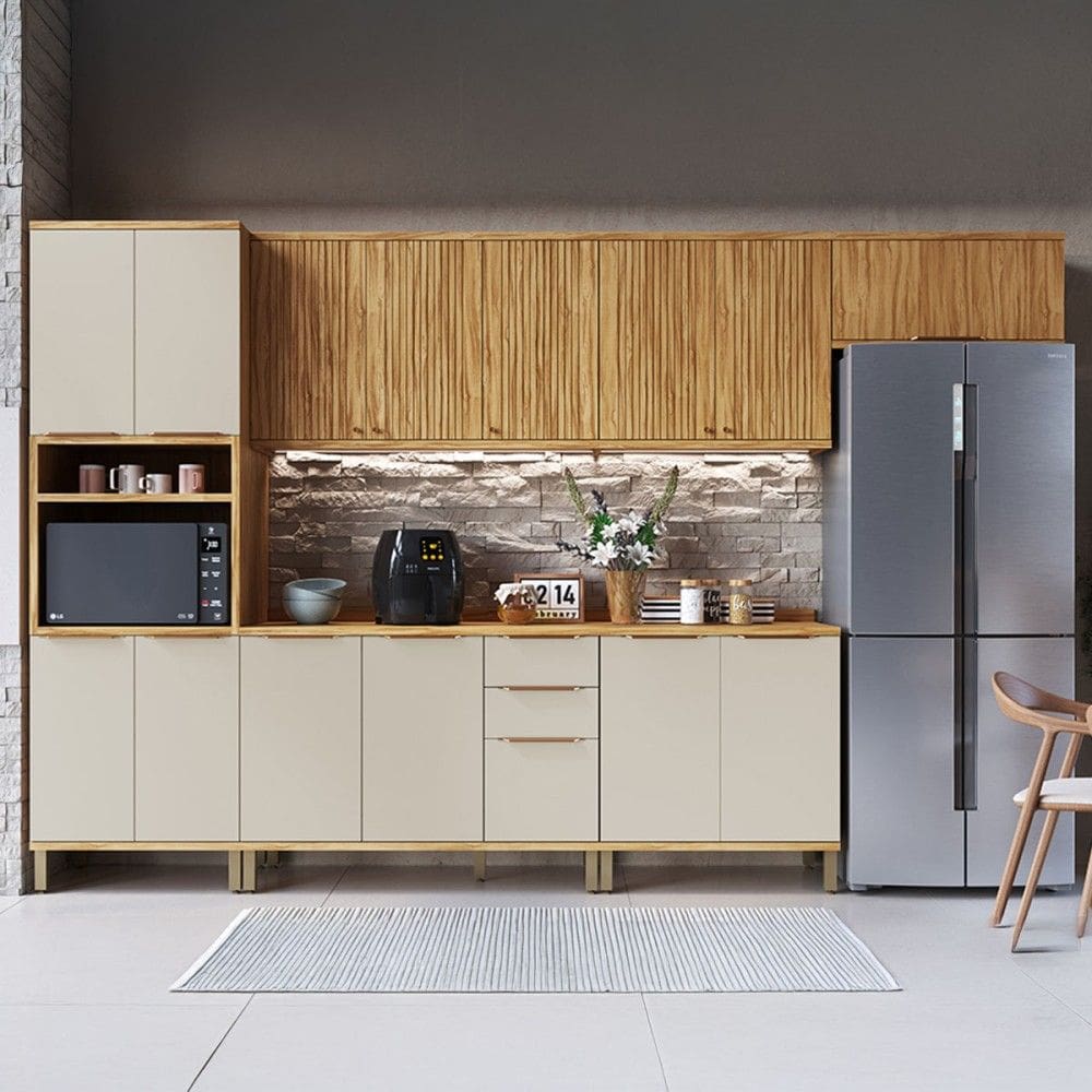 Armário de Cozinha Modulada com Balcão e Tampo 14 Portas 3 Gavetas Nice Fresado 100% Mdf Amêndoa/Off White - Pnr Móveis
