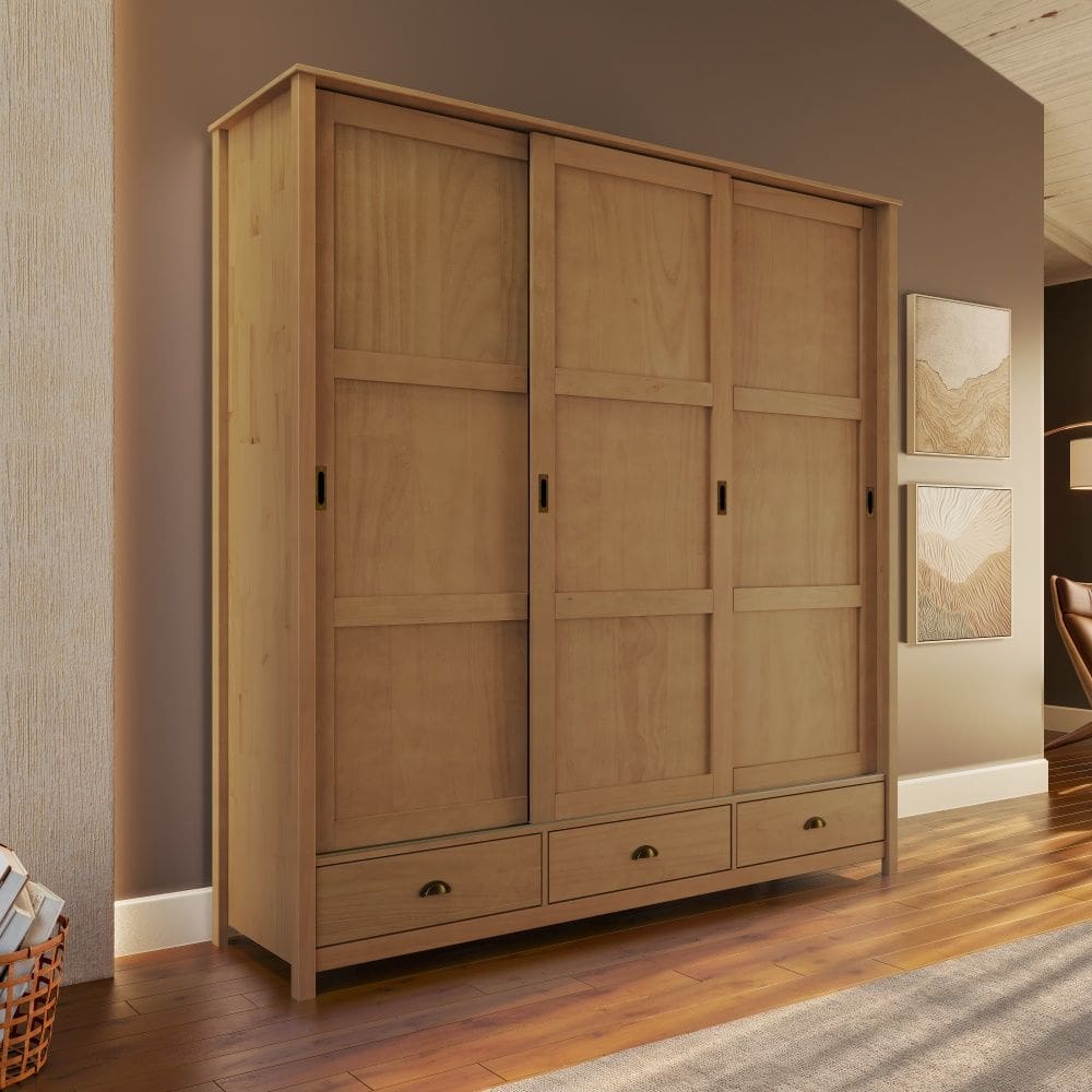 Guarda Roupa Solteiro 9179FN Topázio Madeira Maciça 3 Portas de Correr e 3 Gavetas Freijó Finestra