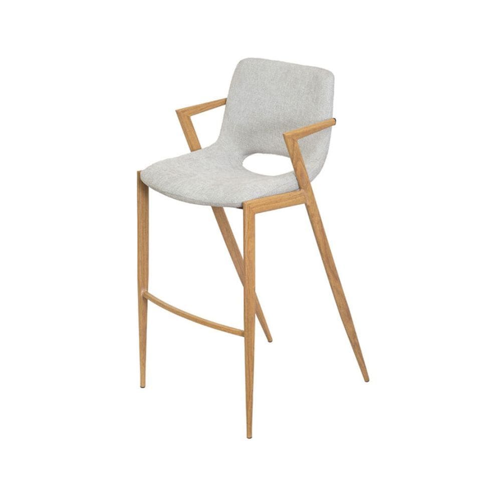 Banqueta Ravena com Braço Assento e Encosto Linho Cinza Estrutura Metálica Simulando Madeira