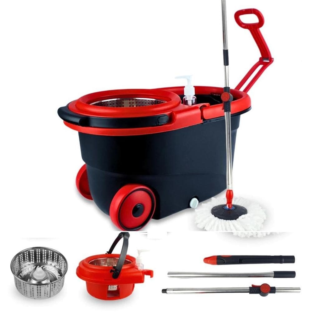 Mop Giratório 360 com Balde Inox Rodinhas Reservatório Sabão Microfibra Limpeza Piso 13L