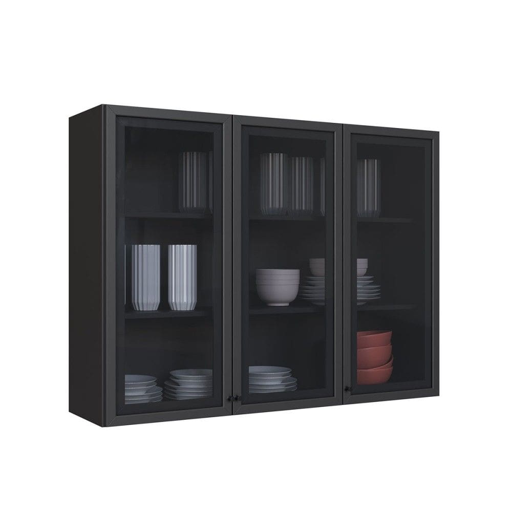 Armário Aéreo Cozinha 120 Cm Diamante 3 Portas com Vidro Cinza - Indékes