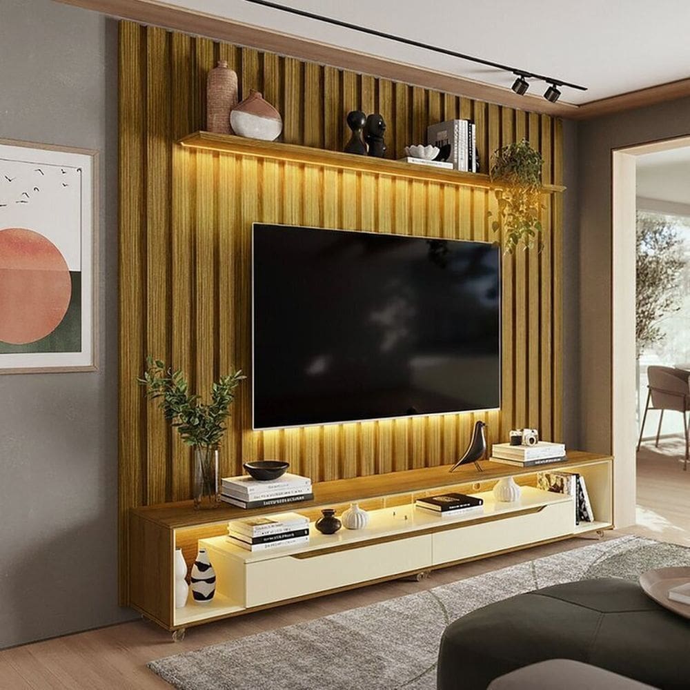 Painel Ripado com Led London 222cm e Rack Loop com Rodízios Tv 70 Polegadas Cedro/ Off White