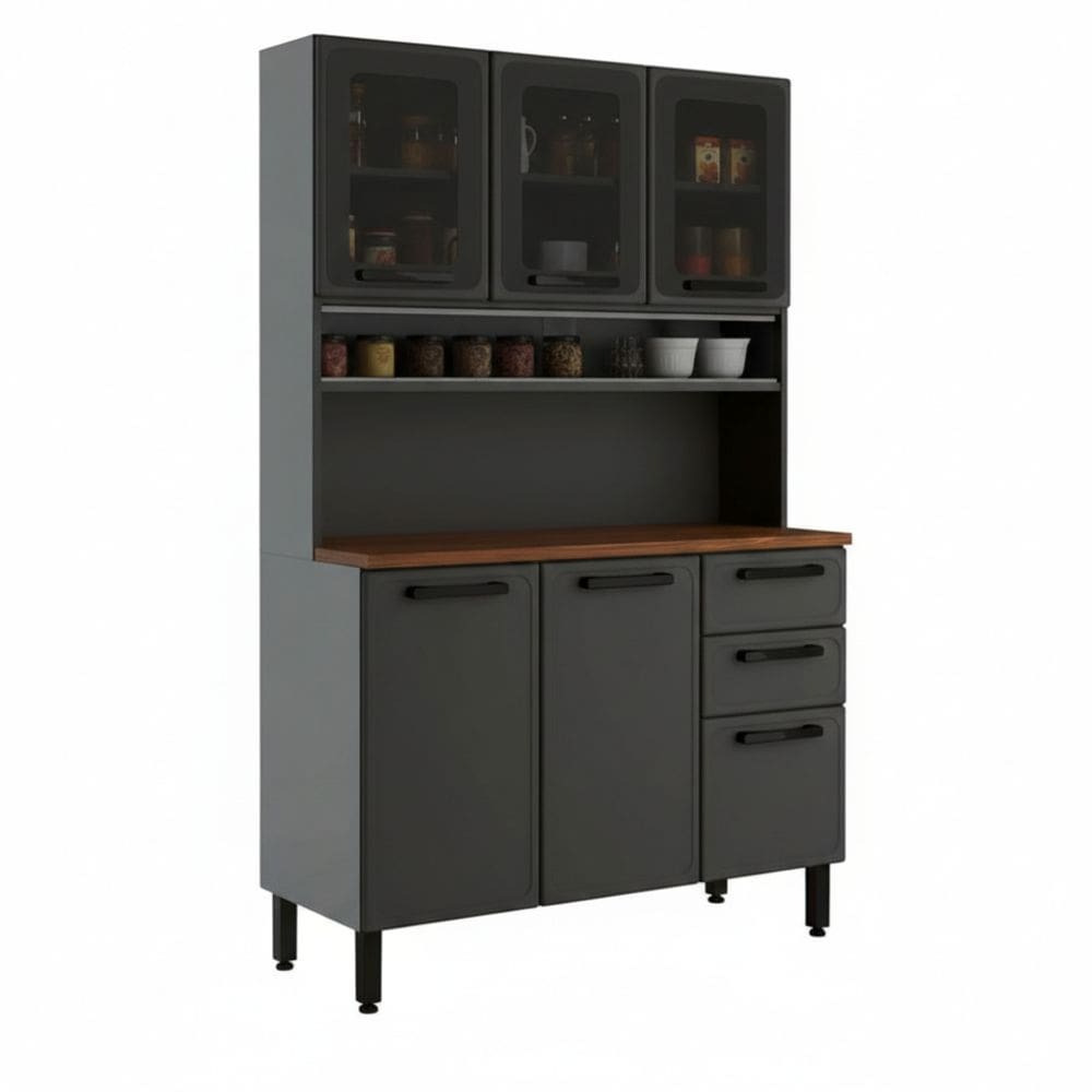 Kit Armário Cozinha em aço Bertolini Estilo 6 portas 2 gavetas largura de 120 cm com vidro 714683153 Grafite