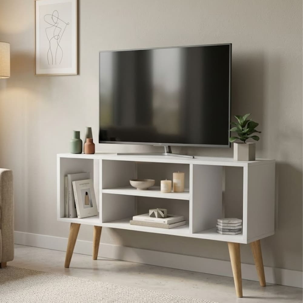 Rack Retrô Branco Para Tv Paris 4 Nichos Pés Madeira Maciça