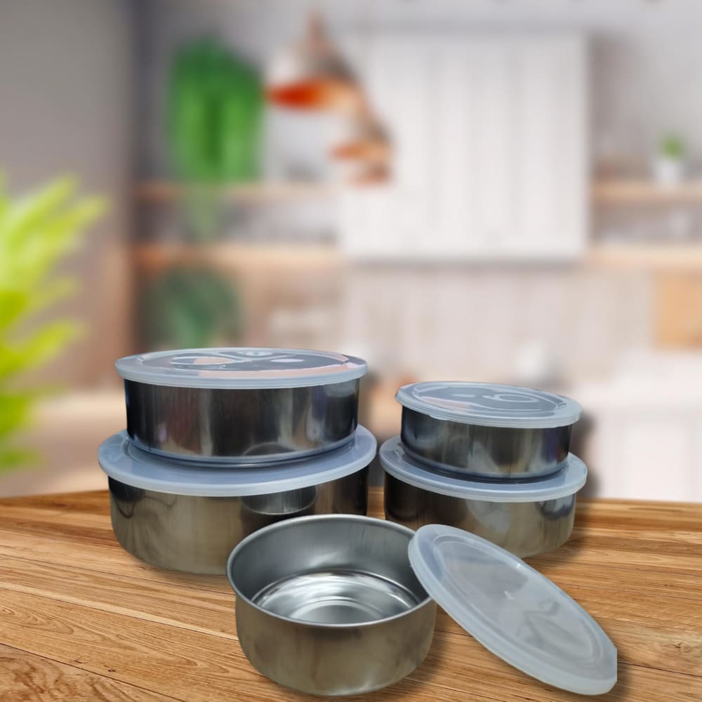 Kit 5 Tigelas Inox Pote Com Tampa de Plástico Cozinha Alimentos Armazenamento Prateado