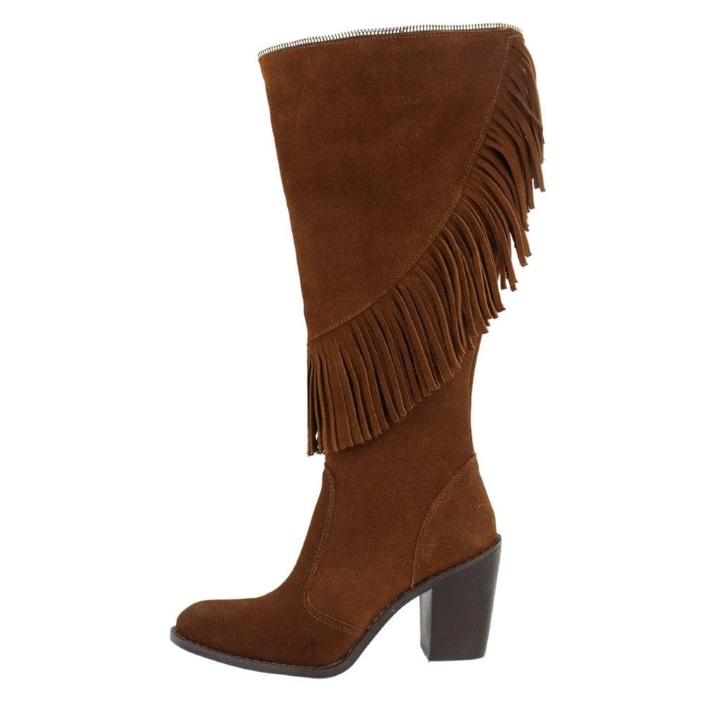 Bota Feminina Com Franjas Em Couro Camurça Cano Alto Salto Alto Bloco Fechamento Zíper Sola Borracha