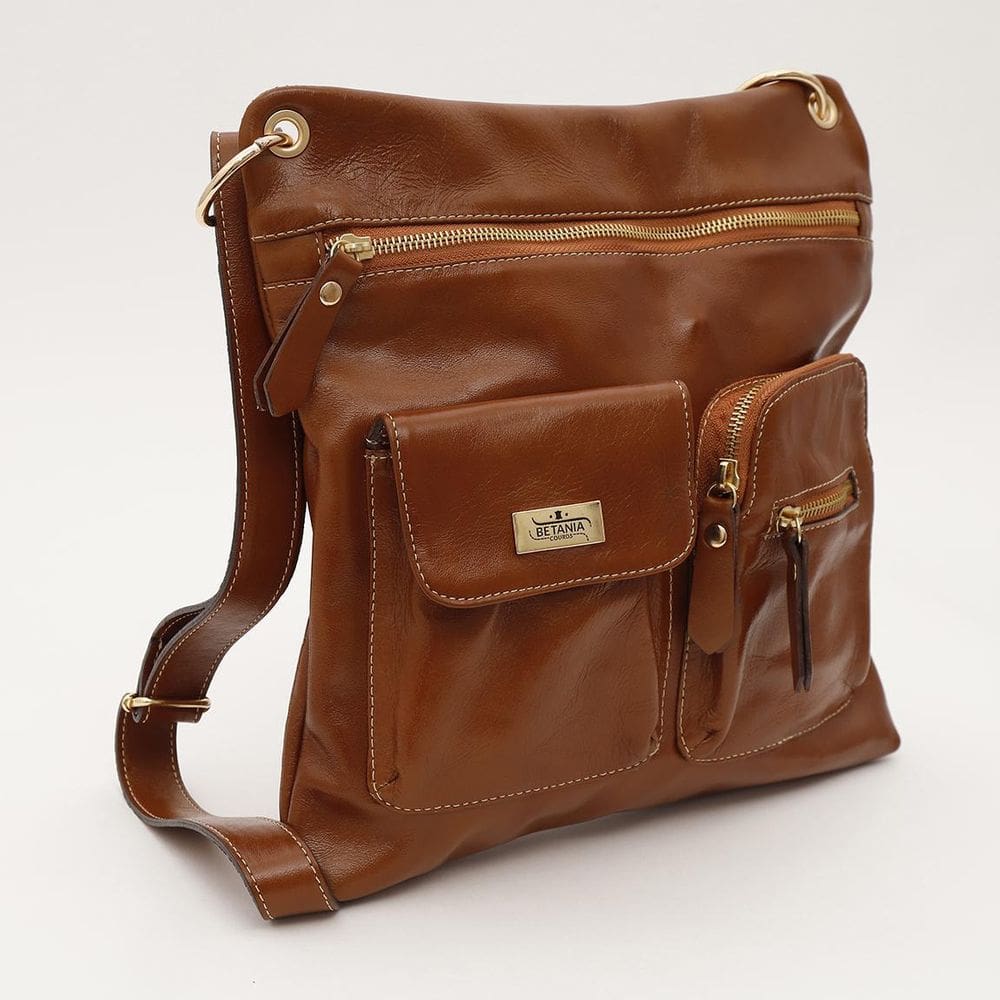 Bolsa Transversal Zinco Em Couro Caramelo