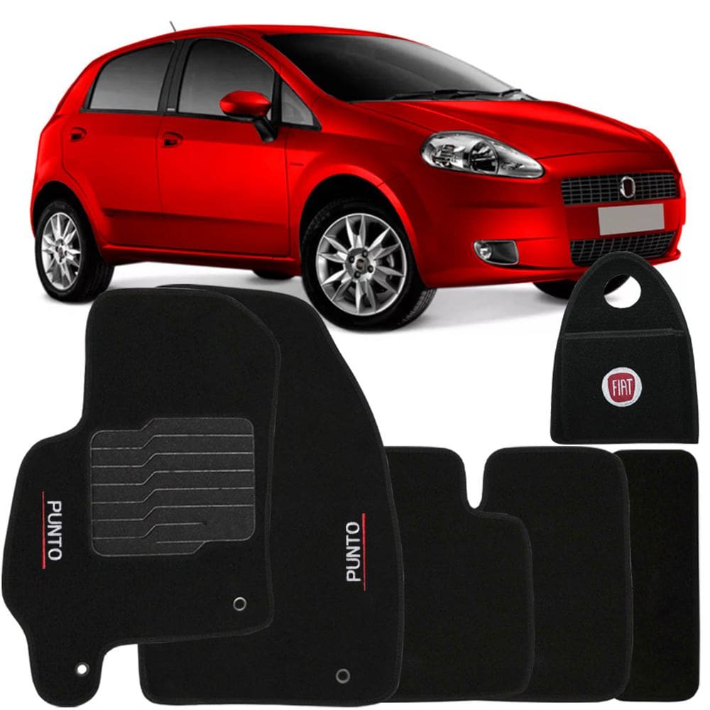 Jogo Tapete Automotivo Carpete + Lixeira Fiat Punto 2007 à 2012 Soft Logo Bordado Preto 6 Peças