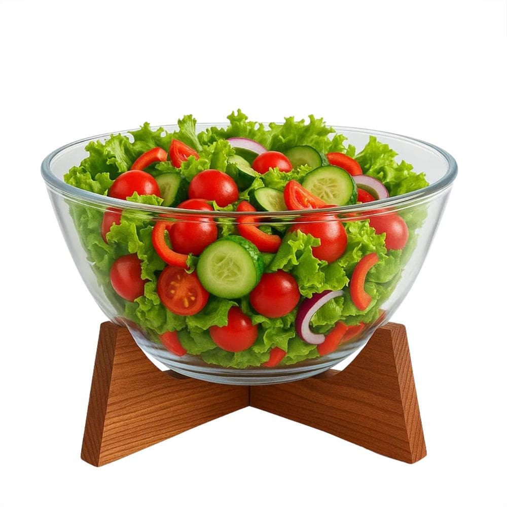 Bowl, Saladeira, Tigela Vidro Borossilicato Suporte Madeira Acacia 2,1litros e 21x21x14cm