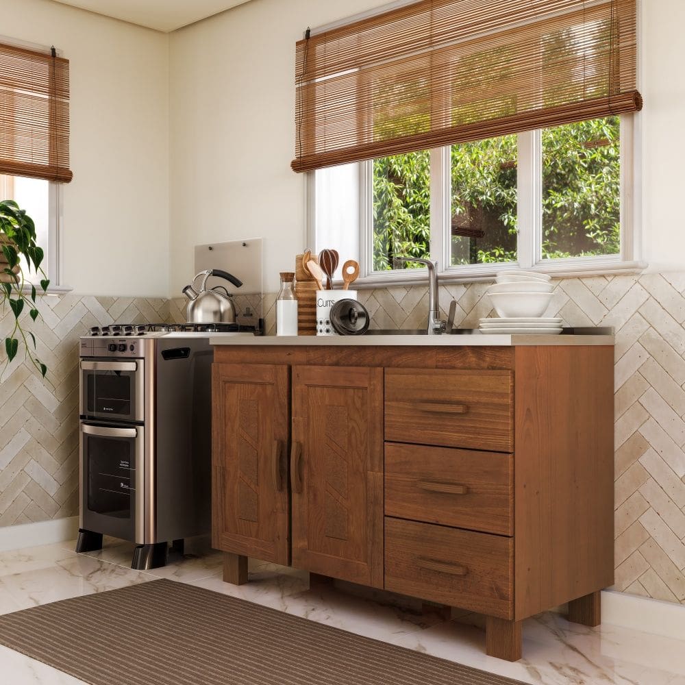 Balcão de Pia 120cm Madeira Maciça 1241C Cobre 2 Portas com Aplique e 3 Gavetas Castanho Finestra