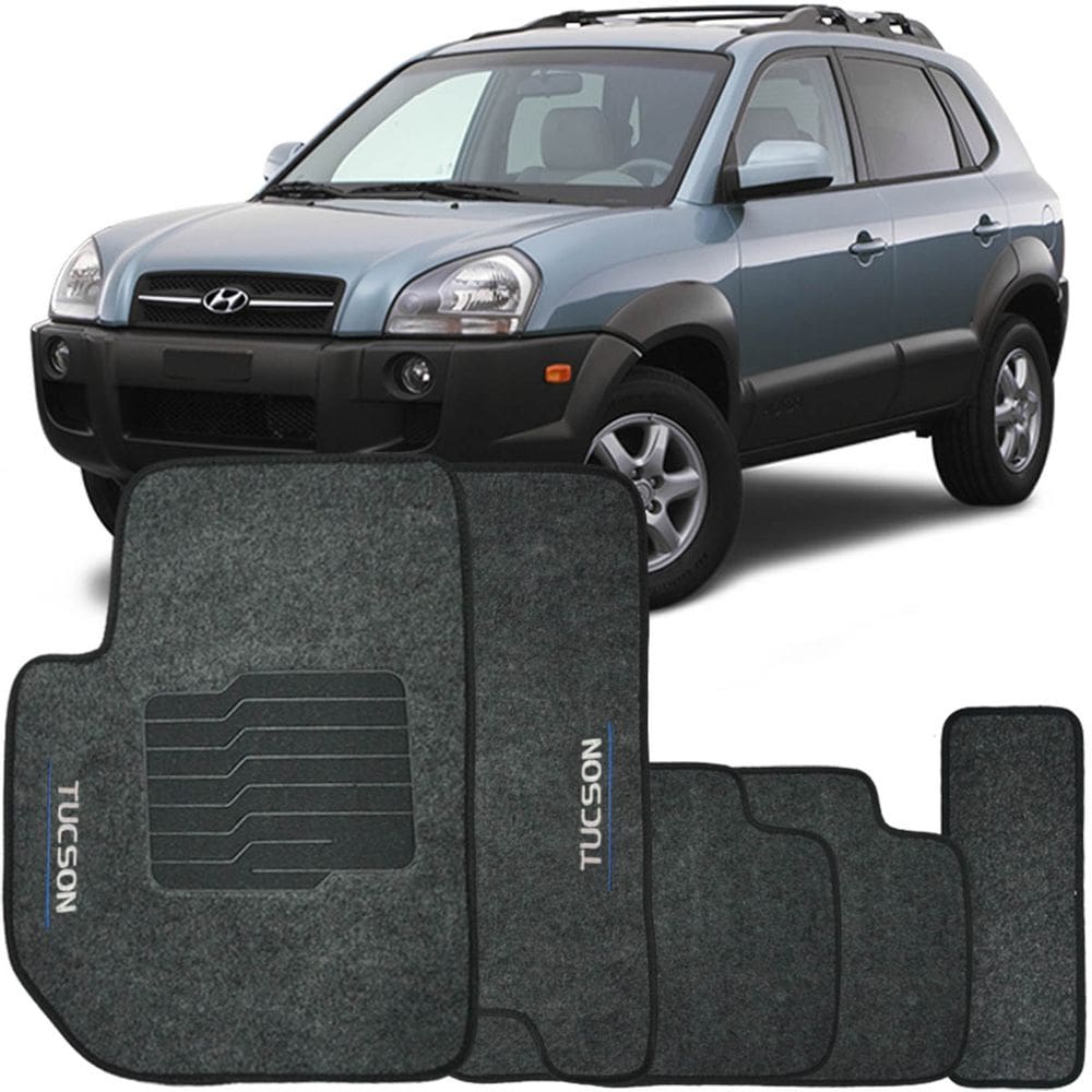 Jogo de Tapete Automotivo Carpete Tucson 2005 à 2016 Soft Logo Bordado Grafite 5 Peças
