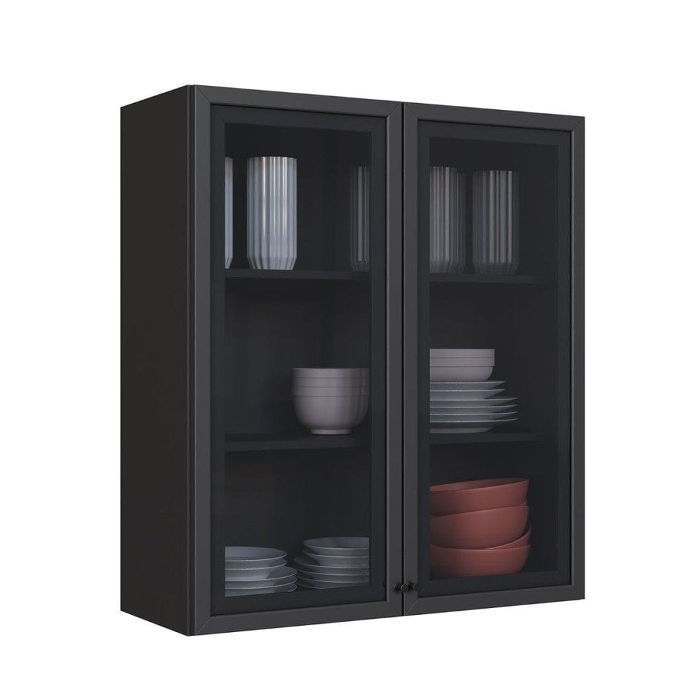 Armario Aereo Cozinha 80 Cm Diamante 2 Portas com Vidro Cinza - Indékes