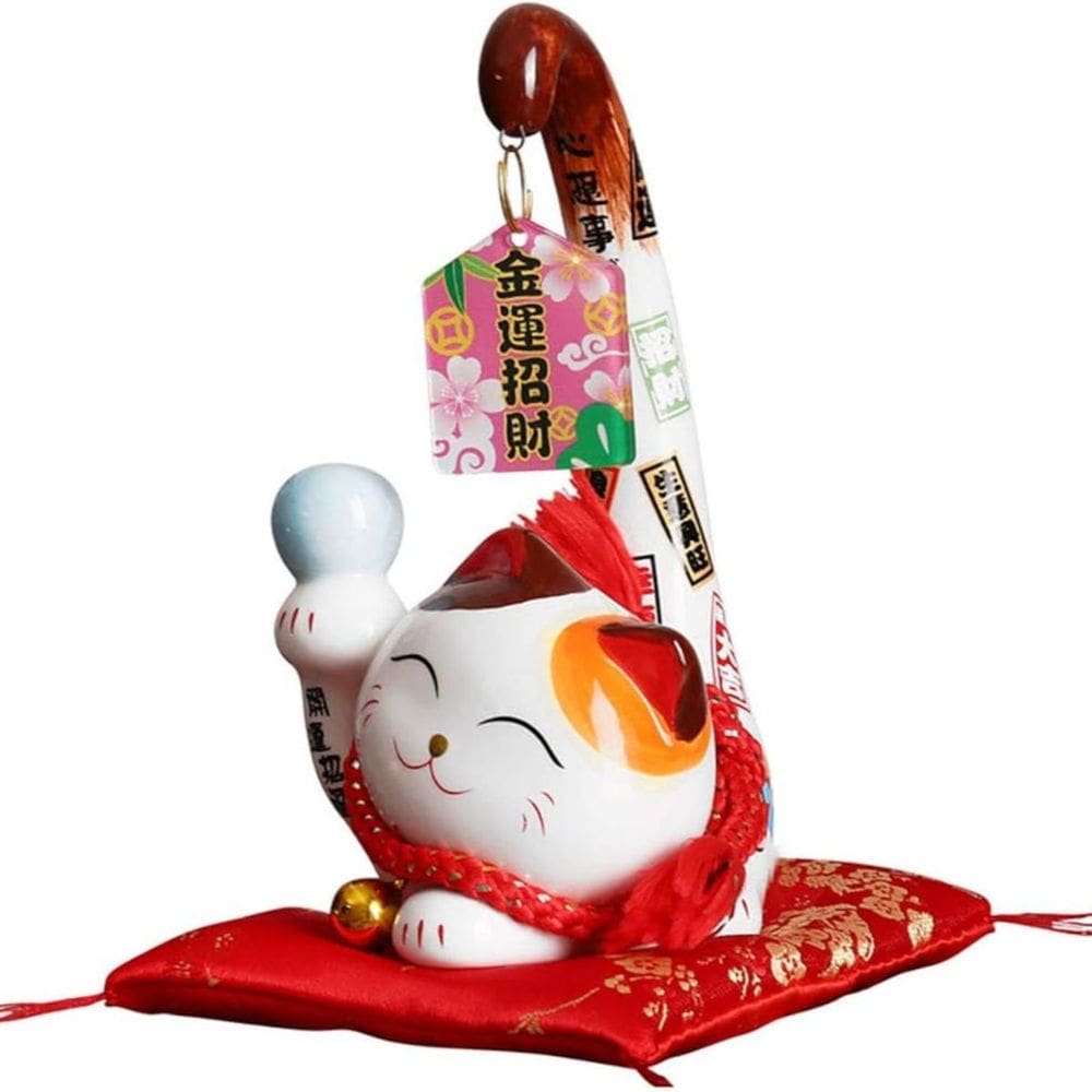 Maneki Neko Gato Sorte Porcelana Calda Longa com Almofada Decoração Oriental