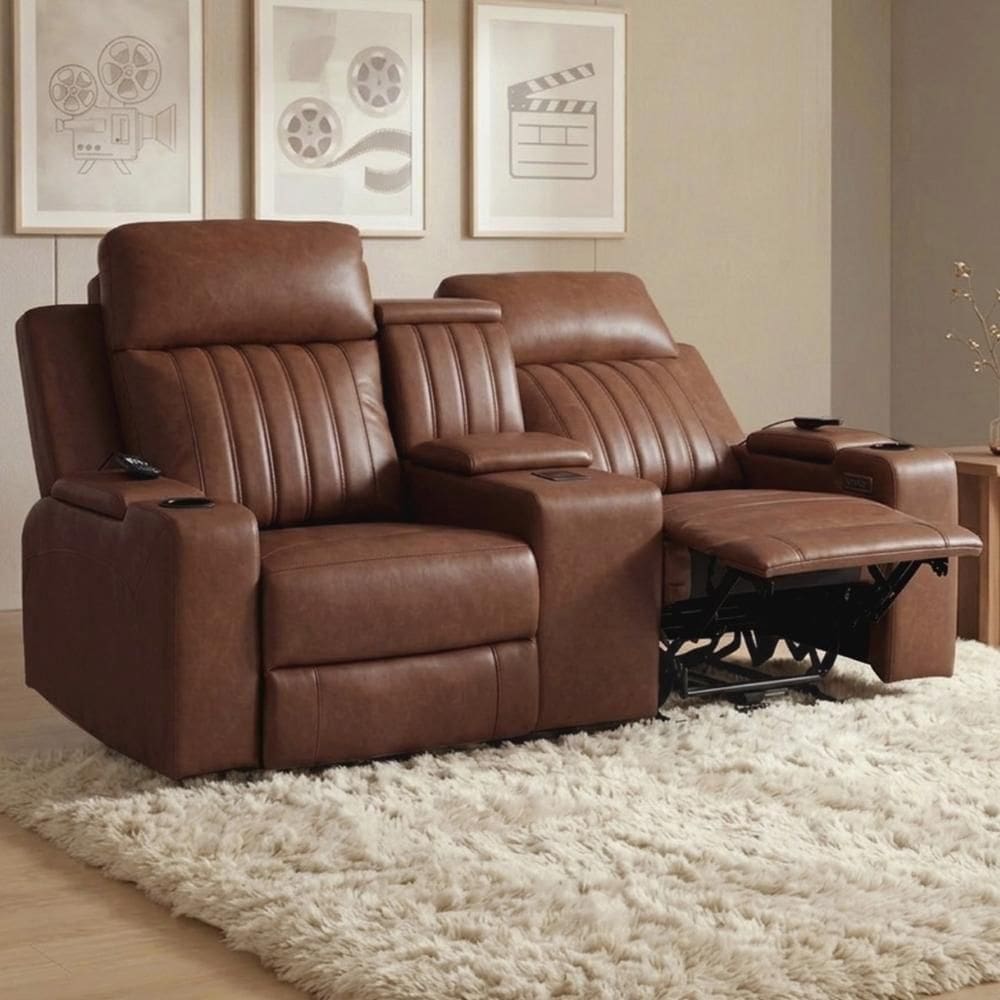 Poltrona Reclinável Cinema 2 Lugares Baú Usb Pu Moscou Sint Camel Z57 - Mpozenato