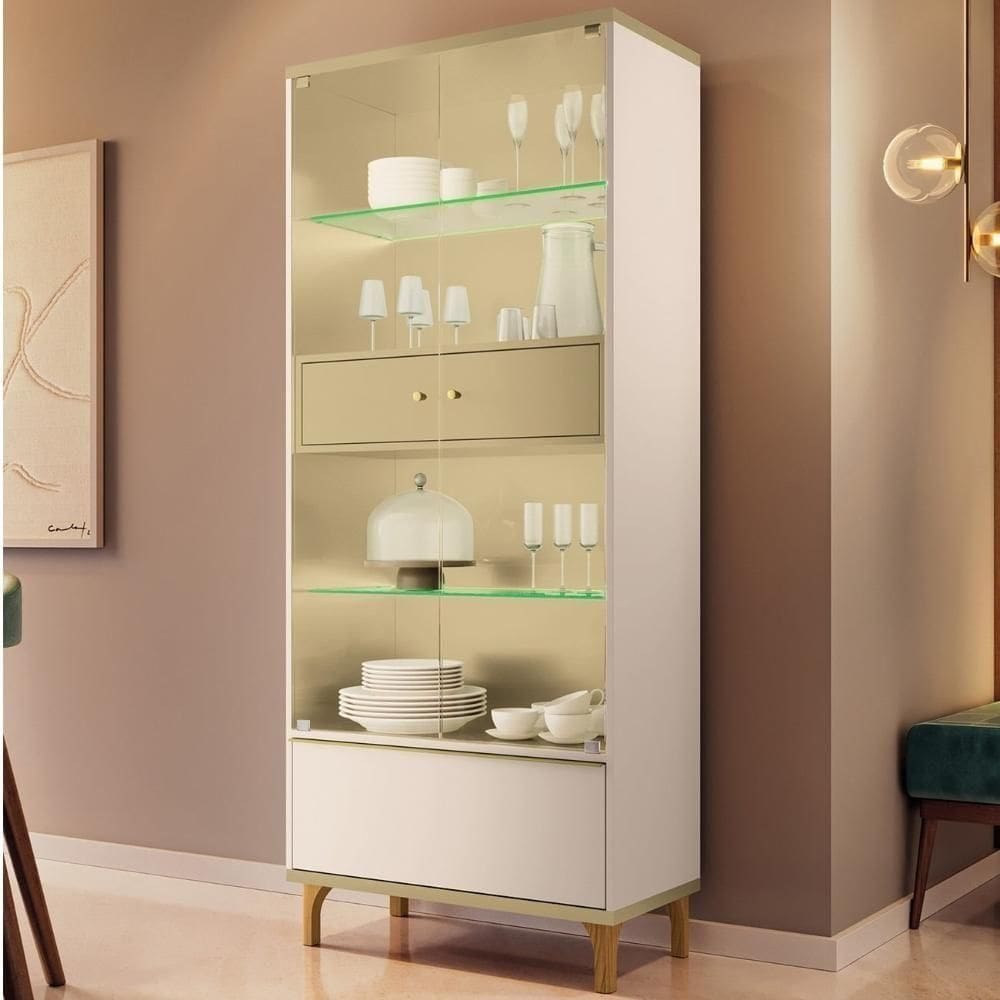 Cristaleira Portas De Vidro Com Led 76cm Lumina Off/champanhe - Hb Móveis