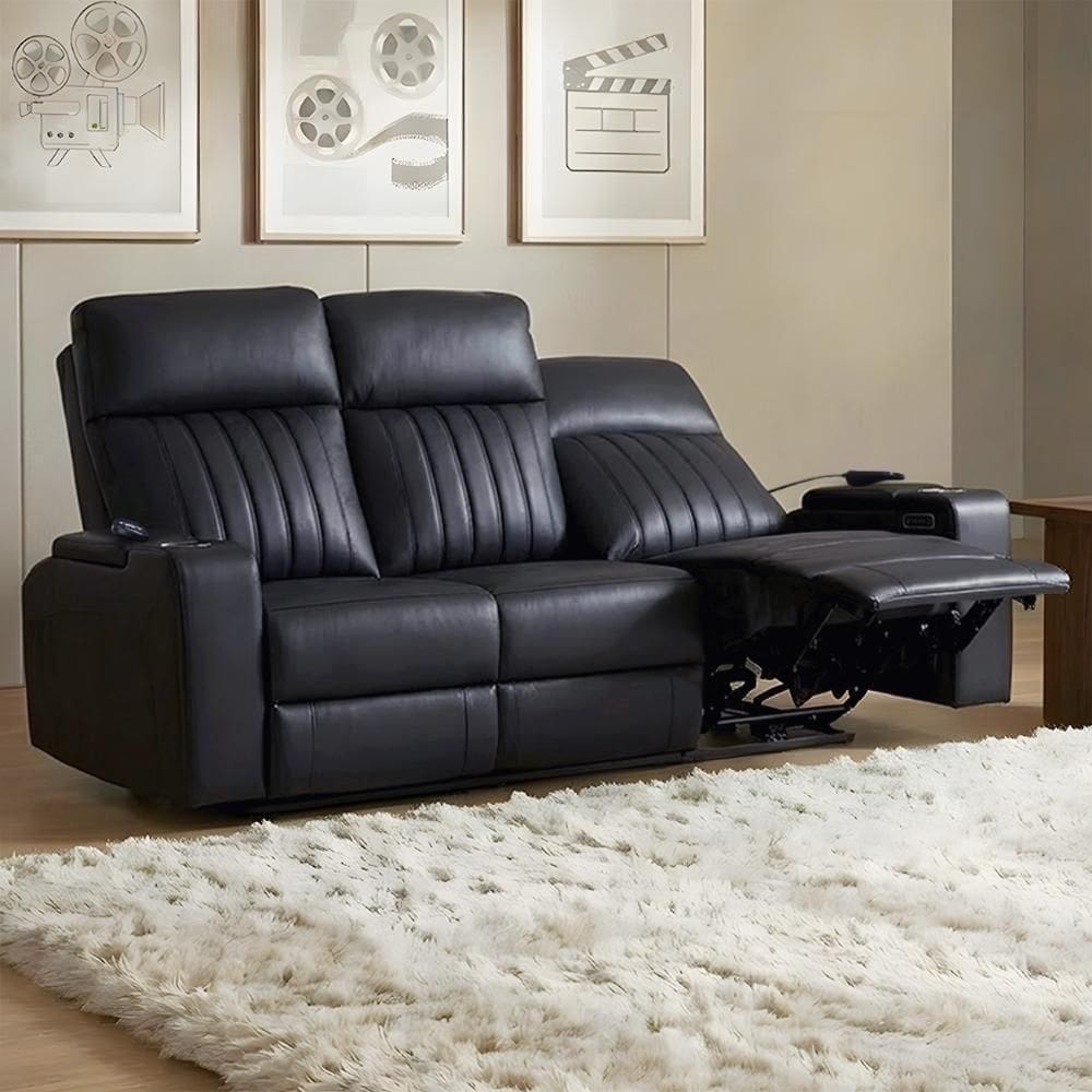 Poltrona Reclinável Cinema 3 Lugares Baú Usb Pu Moscou Sint Preto Z57 - Mpozenato