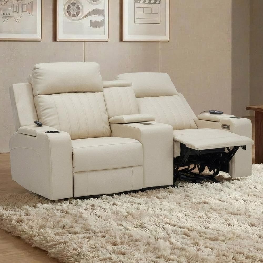 Poltrona Reclinável Cinema 2 Lugares Baú Usb Pu Moscou Sint Bege Z57 - Mpozenato