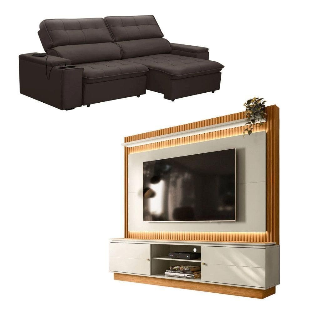 Kit Sofá Genebra 3 Lugares Com Estante Home Led Guararapes Café/nature/off White