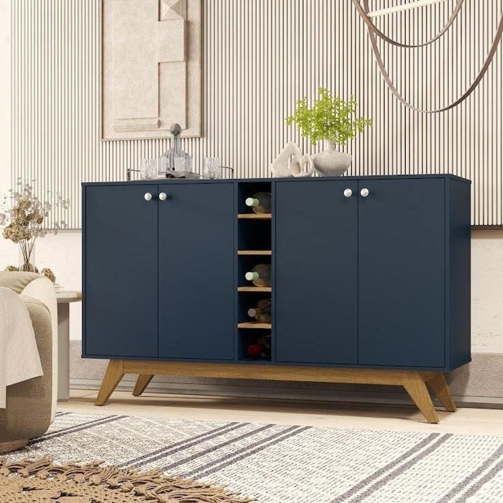 Aparador De Sala Jocasta Com Adega Central E 4 Portas Multiuso Azul