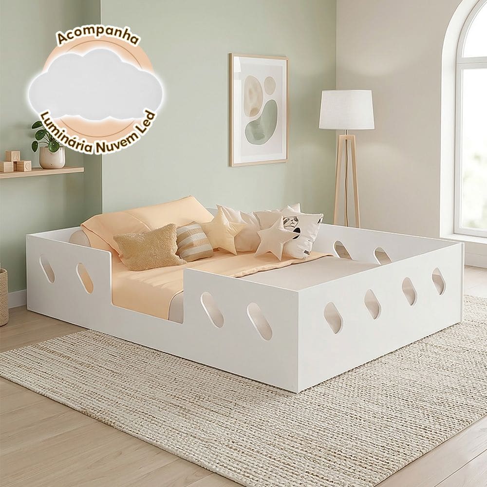 Cama Casal Helena para Quarto + Luminária Nuvem Led Parede Quarto Luz Noturna Top - Branco