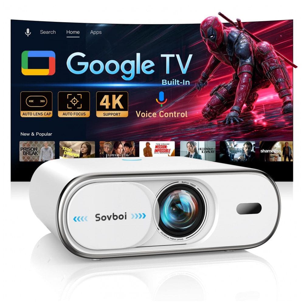 Projetor Portátil Sovboi E30Max Branco Google TV 4K Foco Automático Keystone 4D 1080P WiFi 6 Bluetooth 120V