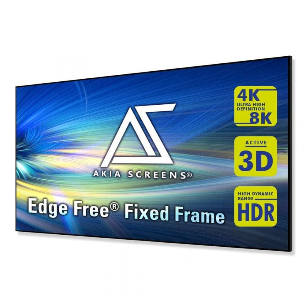 Tela de projeção fixa 125” Akia Screens branca 16:9 CineWhite UHD-B 1,3 gain 8K 4K 3D para parede