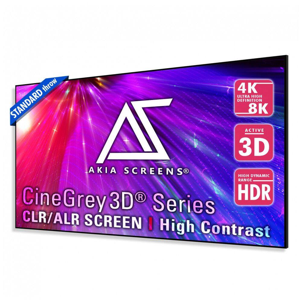 Tela de projeção fixa ALR 123” 16:9 Akia Screens CineGrey 3D cinza borda infinita para projetor longo alcance