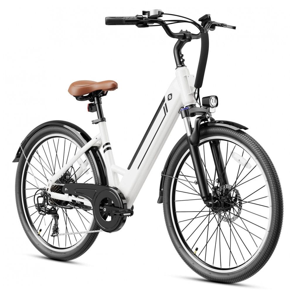Bicicleta Elétrica Jasion YC1 ST Branco Puro 1200W Motor Brushless Bateria Interna Removível 360Wh Pneus 66cm 7 Marchas Suspensão Dianteira