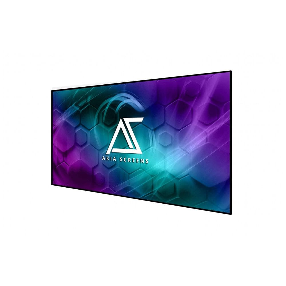 Tela de projeção fixa 100” Akia Screens branca 16:9 CineWhite UHD-B 1,3 gain 8K 4K 3D para parede