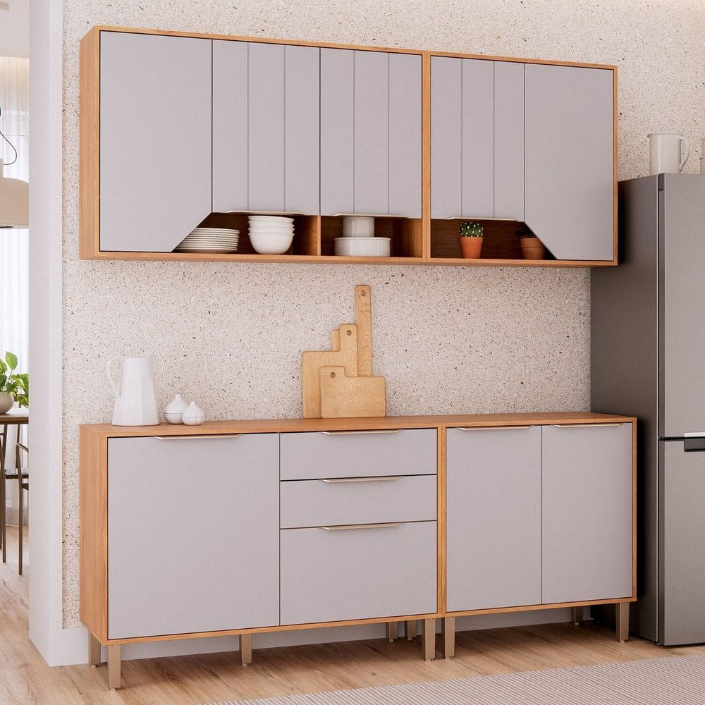 Cozinha Modulada 4 Peças com 2 Balcões e 2 Armários Aéreo Celeste Cinamomo/Platina