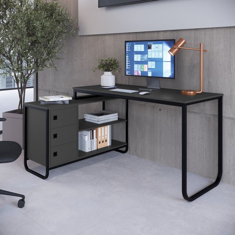 Mesa Escrivaninha de Canto Estilo Industrial Grafite/ Preto