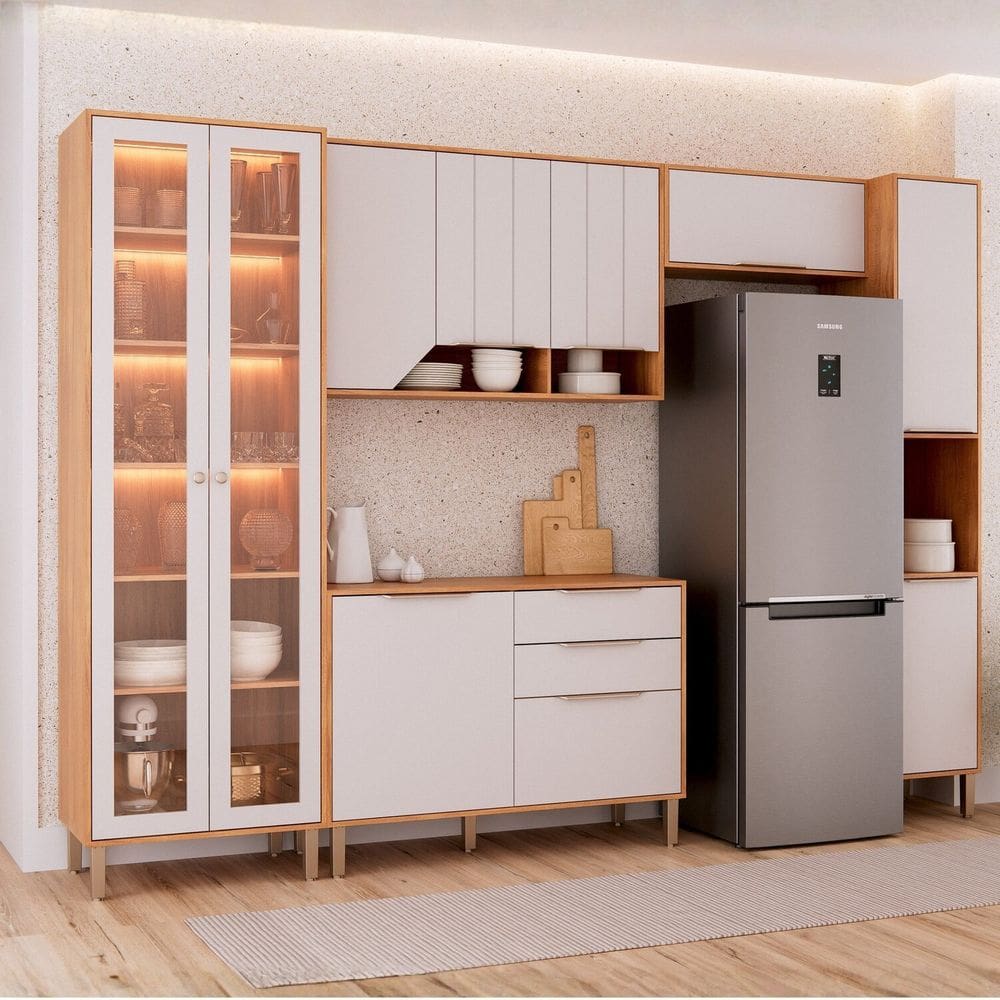Cozinha Modulada 5 Peças com 1 Cristaleira 1 Balcão 2 Armários Aéreos e 1 Torre Celeste Cinamomo/Off White