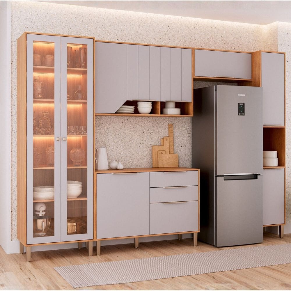 Cozinha Modulada 5 Peças com 1 Cristaleira 1 Balcão 2 Armários Aéreos e 1 Torre Celeste Cinamomo/Platina